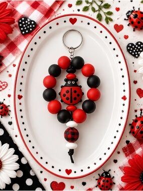 Hand Crafted Red & Black Ladybug Beaded Keychain